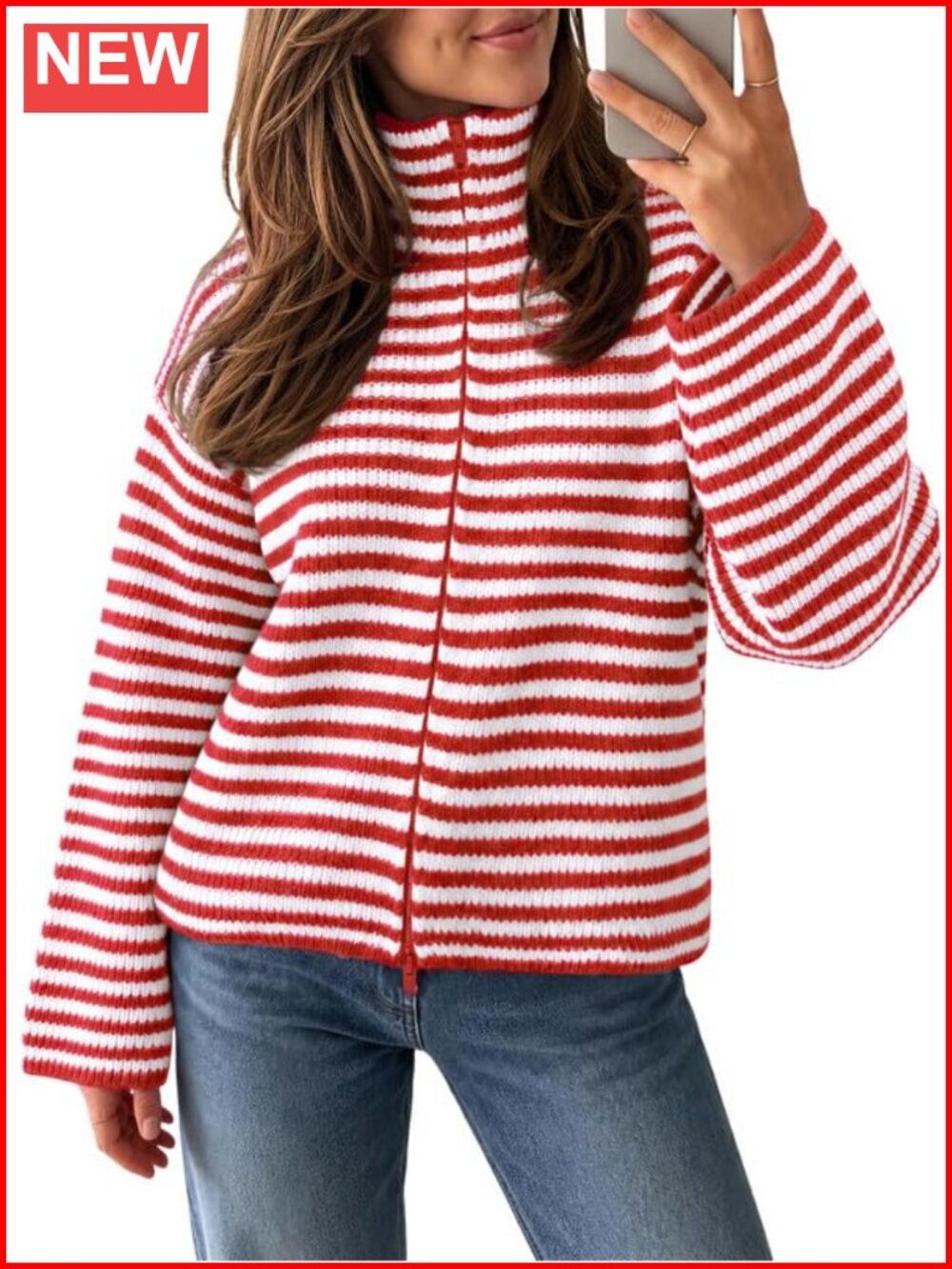 Womens Striped Chunky Mock Neck Cardigan Sweater Fall Knit Jacket